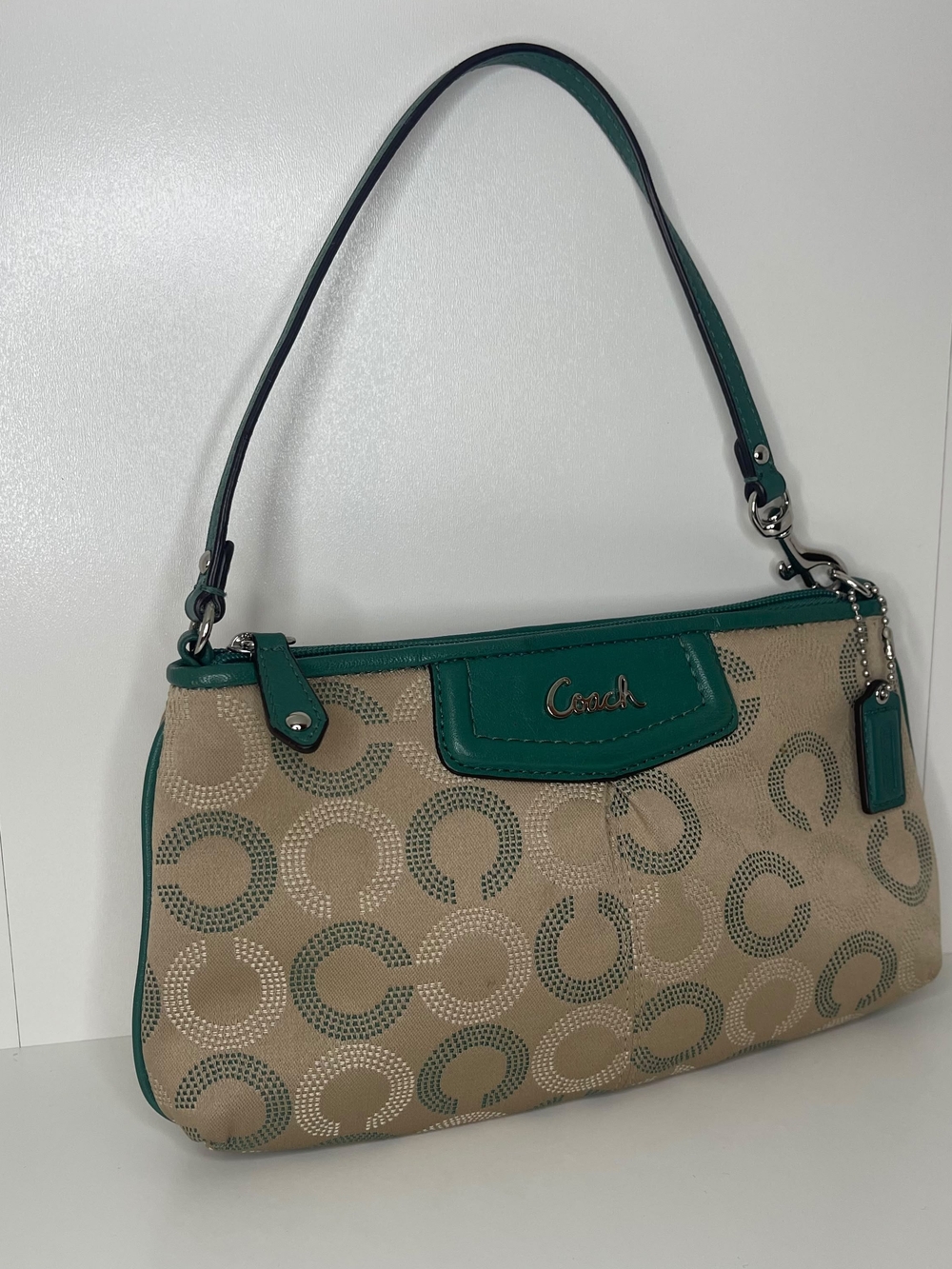 Coach Ashley Dotted OP Art print wristlet in khaki and Aegean green
